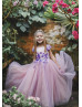 Pink Lavender Floral Appliques Tulle Dreamy Flower Girl Dress